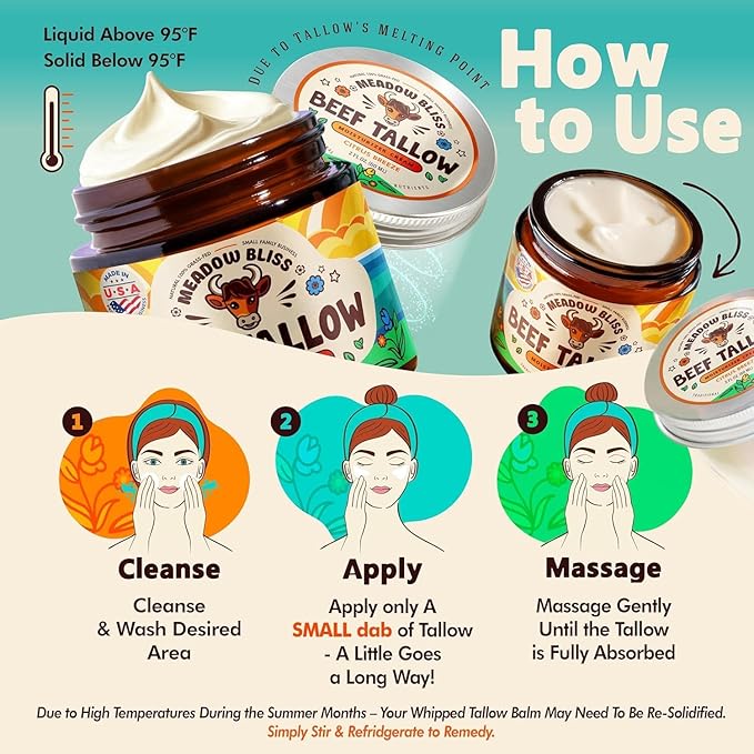 Meadow Bliss Beef Tallow for Skin - Moisturizer Cream - 100% Grass Fed - Whipped Beef Tallow - Manuka Honey - Organic Jojoba Oil, Shea Butter - Supports Eczema, Rosacea - USA - Fragrence Free - 4 oz