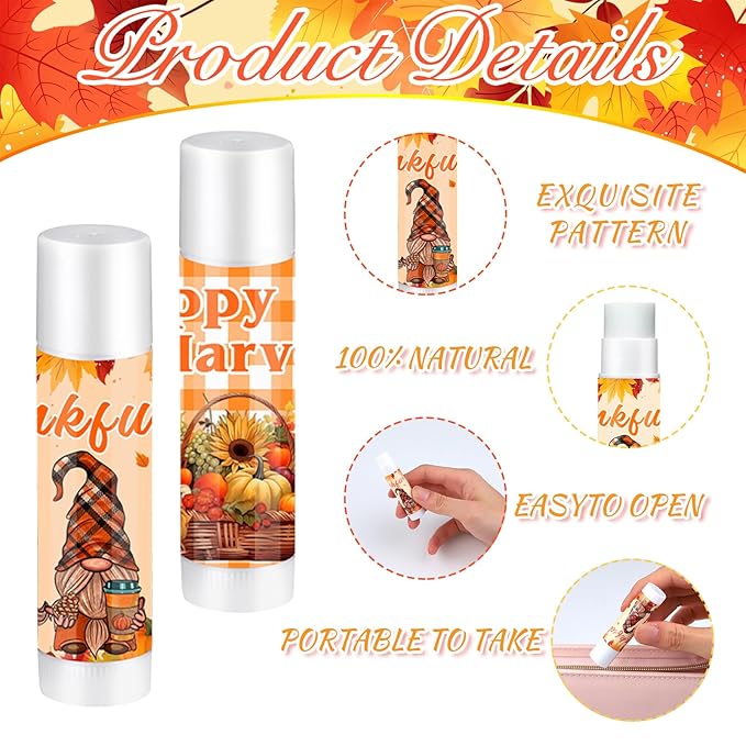 50 Set Fall Gifts Lip Balms Bulk Fall Party Favors 6 Assorted Flavors with 50 Organza Bags and Cards Autumn Pumpkin Maple Leaf Chapstick Thanksgiving Gifts for Women Men Coworkers Guest