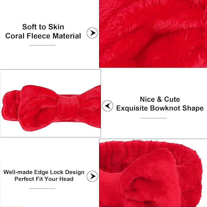 Casoty 10 Pcs Red Makeup Headbands, Hair Band for Washing Face, Soft Coral Fleece Makeup Headband for Women Girls, Bow Hair Bands, Towel Headbands for Face Washing Shower Skin Care Yoga