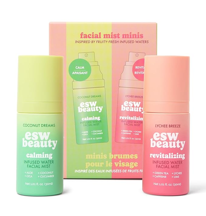 ESW Beauty Mini Facial Mist Duo Kit – Hydrating Face Spray Set with Coconut Dreams & Lychee Breeze – Travel Size Toner Mists to Prime & Set Makeup – Great Gift for Teen Girls