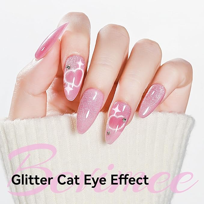 Cat Eye Gel Nail Polish, Pink Moonlight Manetic Nail Polish with Magnet Stick for Holographic Shimmer Cateye Glitter Effect UV Nail Valentine's Day Art Manicure Salon DIY Home