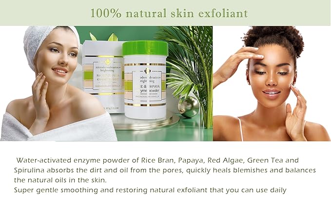 Rice and Papaya Enzyme Powder (water-activated) - All Natural Daily Exfoliant - Pore purifying, anti-aging, ingredients; fights wrinkles, acne scars, dry skin - Madagascar Vanilla - 2.1 oz