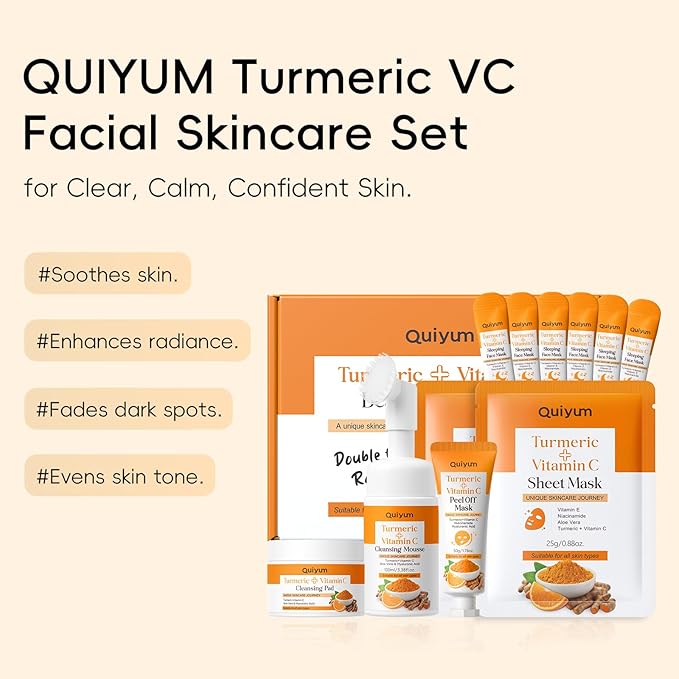 QUIYUM Turmeric + Vitamin C Facial Skincare Set - 5-in-1 Cleansing Kit for Oil Skin Types, Hydrating, Even Tone, Include Cleansing Mousse& Pads, 2Pcs Sheet Mask, Peel Off Mask, 6Pcs Sleeping Mask