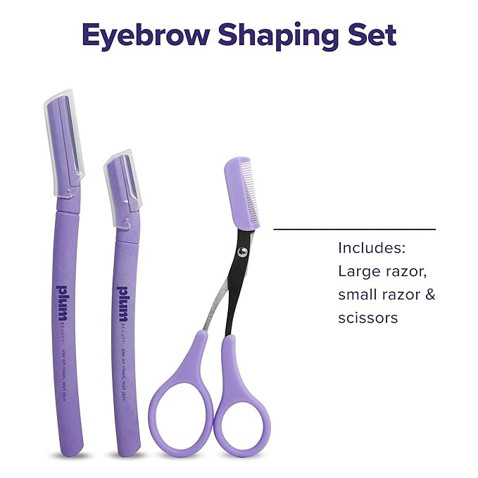 Plum Beauty Eyebrow Shaping Set – Complete 3-Piece Grooming Kit with 2 Folding Razors & Precision Trimming Scissors with Brush - Painless Brow Definition & Maintenance