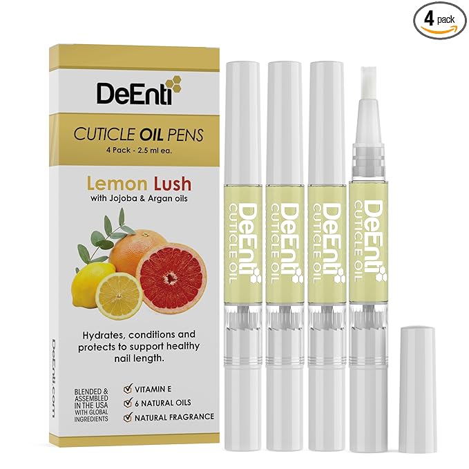 DeEnti Cuticle Oil 4 Pens, Jojoba Oil for Nails, Hydrating Cuticle Nail Oil, Lush Lemon Scented Cuticle Repair Oil, Vitamin E Nail Supplies, Professional Salon Quality Manicure Supplies