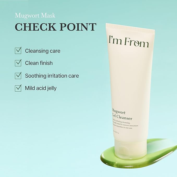 I'm from Mugwort Gel Cleanser 150ml, Mugwort 60%, Calming, Soothing, Mild low pH Korean Face Wash for Sensitive Skin, Irritated Skin, Herbal, Hypoallergenic, Vegan