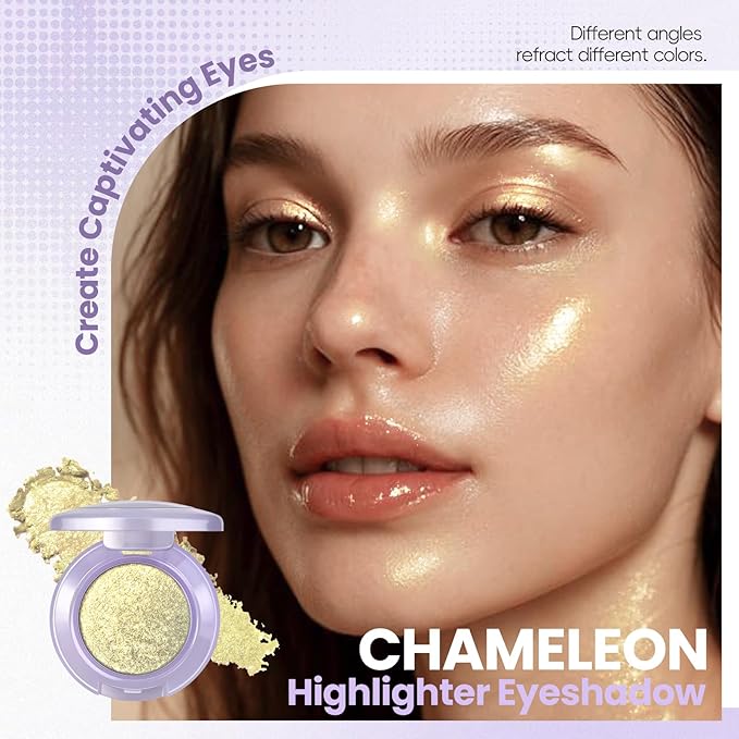 HOSAILY Holographic Champagne Gold Glitter Eyeshadow, Multichrome Shimmer Color Shifting Single Eyeshadow, Chameleon Metallic Iridescent Eye Shadow Palette Bouncy Texture Fairy Highlighter Makeup #4