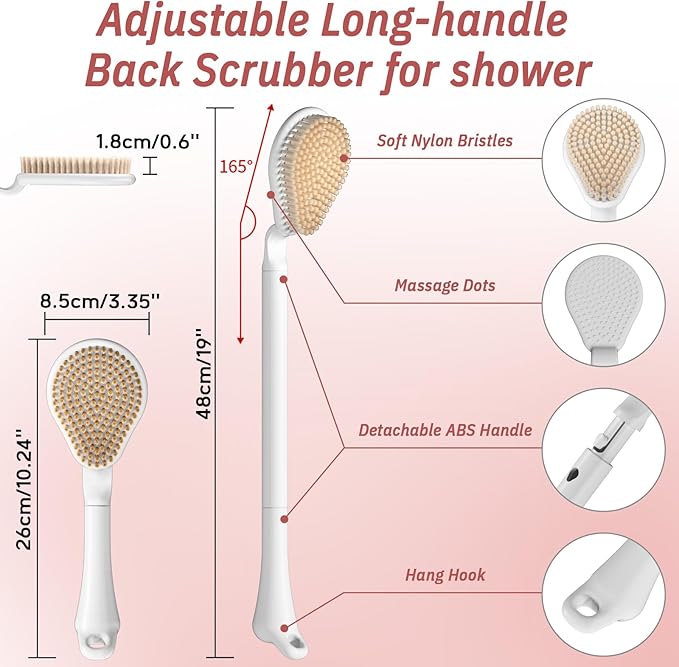 Back Scrubber for Shower & Silicone Bath Glove Set, 19’’ Detachable Long Handle Body Scrubber Wet or Dry Brush, Adjustable 2-in-1 Back & Body Brush with Soft Bristles for Deep Cleaning(White)