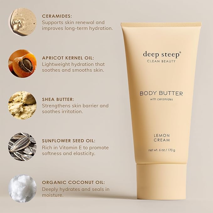 Deep Steep Body Butter, 6 oz – Rich Moisturizer with Ceramides, Coconut Oil, Argan Oil & Aloe Vera – Vegan, Clean Beauty, Smooth & Hydrated Skin (6 Ounces, Honey Blossom)