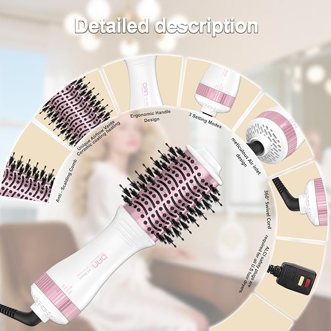 DAN Auto Dual Voltage Hair Dryer Brush(100V-240V),Travel Hair Dryer Brush with Multi-Function Plug Adapter,One Step Blow Dryer Brush and Styler Volumizer