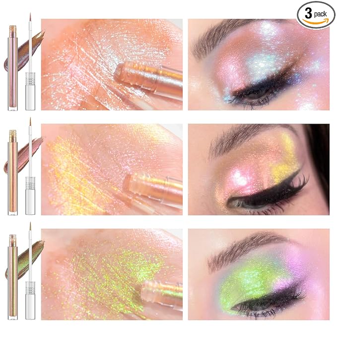 Multichrome Liquid Eyeshadow Set,3 Colors Multi-Dimensional Eye Liner Makeup,High Pigment Waterproof Metallic Eye Shadow,Ultre Fine Tip Glitter Eyeshadow (04 wonder+05 sunrise+06 dusk)