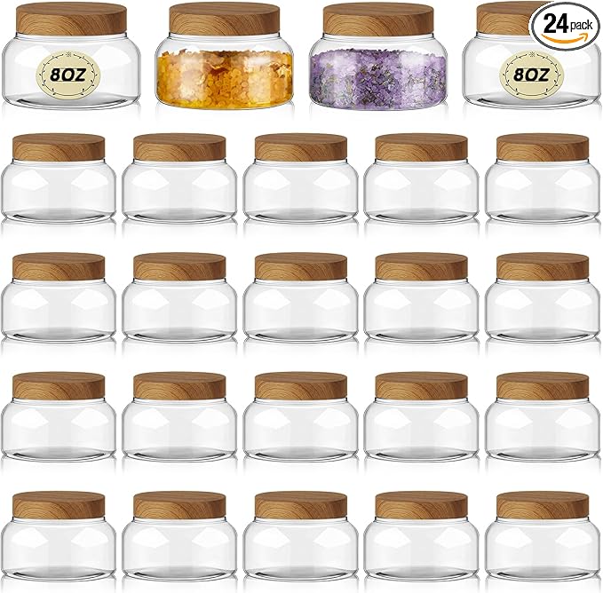 Tessco for you 24 Pack Plastic Jars with Lids Labels Multiuse Slime Containers Empty Body Scrub Jars Round Refillable Cosmetic Body Butter Container for Makeup (8 oz,Clear,Dark Beech)