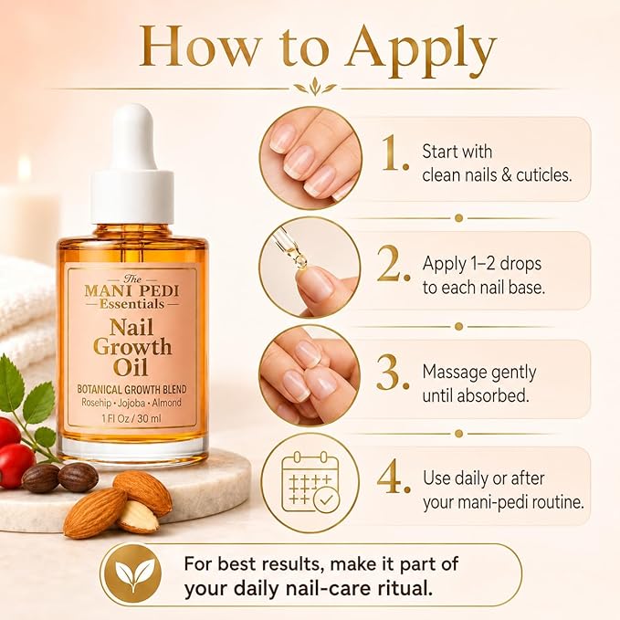 Natural Nail Growth Oil. Powerful Blend of Rosehip, Jojoba & Amond Oils. Promotes Stronger, Healthier Nails. Hydrates & Strengthens Cuticles for Faster Nail Growth - 1 Fl Oz