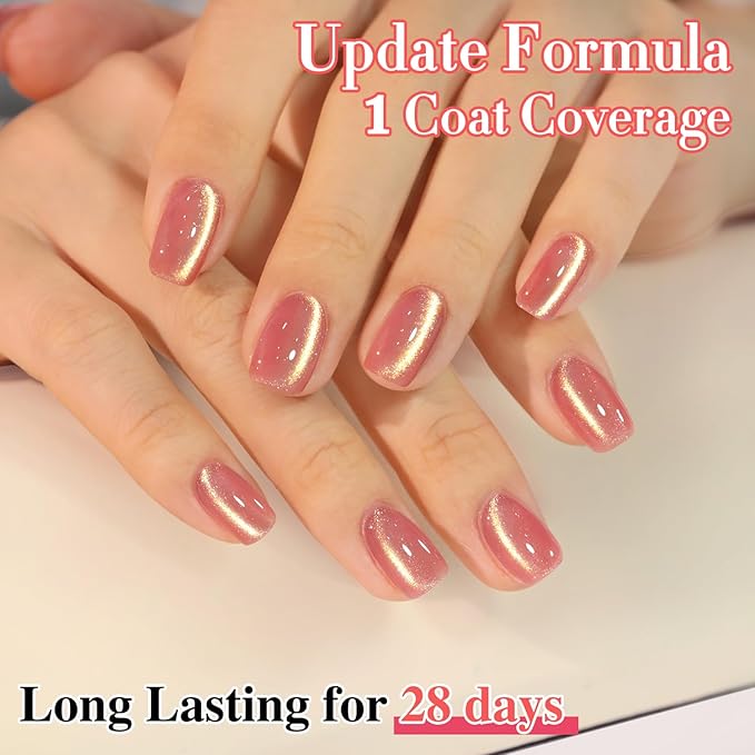 Double Rhythm 15ML Jelly Glass Cat Eye Gel Polish with Magnet Holographic Glitter Shimmer Translucent Sheer Color Salon Soak Off Magnetic Nail at Home (Peach Pink Gold-MC1195)