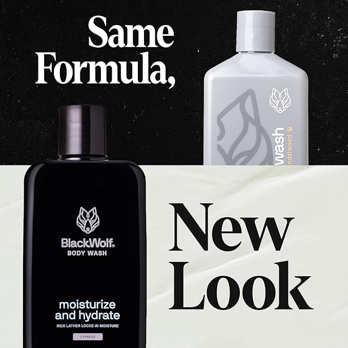 Black Wolf Moisturizing Body Wash for Men, Sandalwood - Mens Hydrating Bodywash for Dry, Dehydrated, & Sensitive Skin - Hyaluronic Acid, Aloe Vera, & Jojoba Oil Body Cleanser Help Remove Oil & Dirt