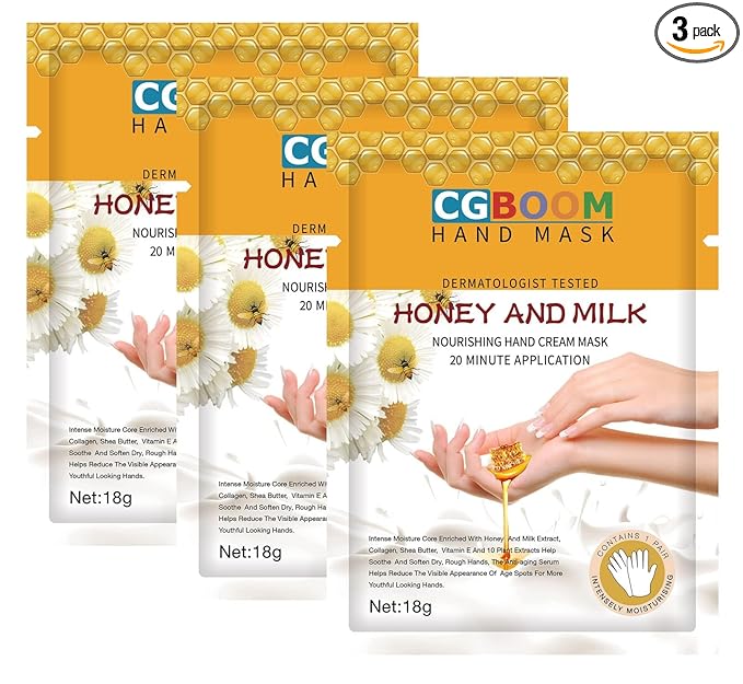 CGBOOM 3 Pairs Hand Masks Moisturizing Gloves, Hand Skin Repair Renew Mask Infused Collagen, Vitamins + Natural Plant Extracts for Dry, Aging, Cracked Hands (Honey and Milk)