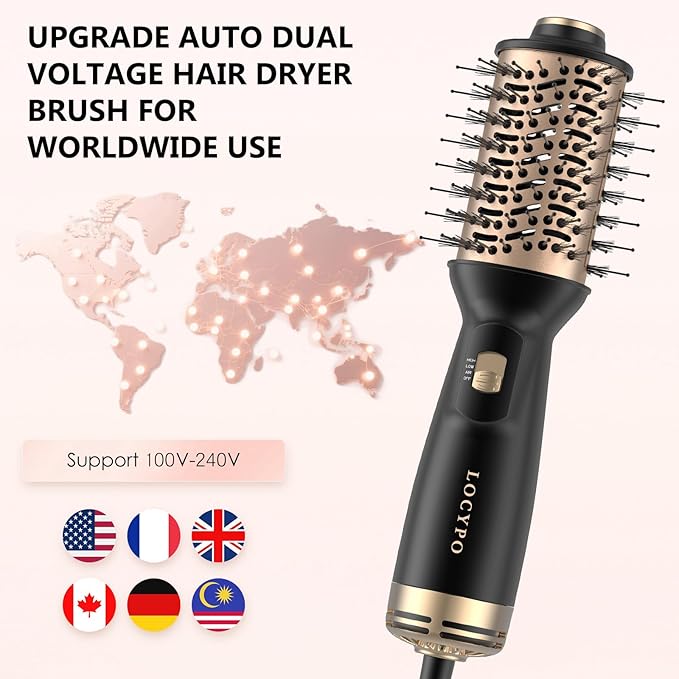 Travel Blow Dryer Brush, 4-in-1 Auto Dual Voltage (120-240V) Hot Air Brush, 2 Inch Mini Hair Dryer Brush & Styler for Voluminous Smooth Hair, Lightweight with EU/UK Plug for Home & Salon(Gold)