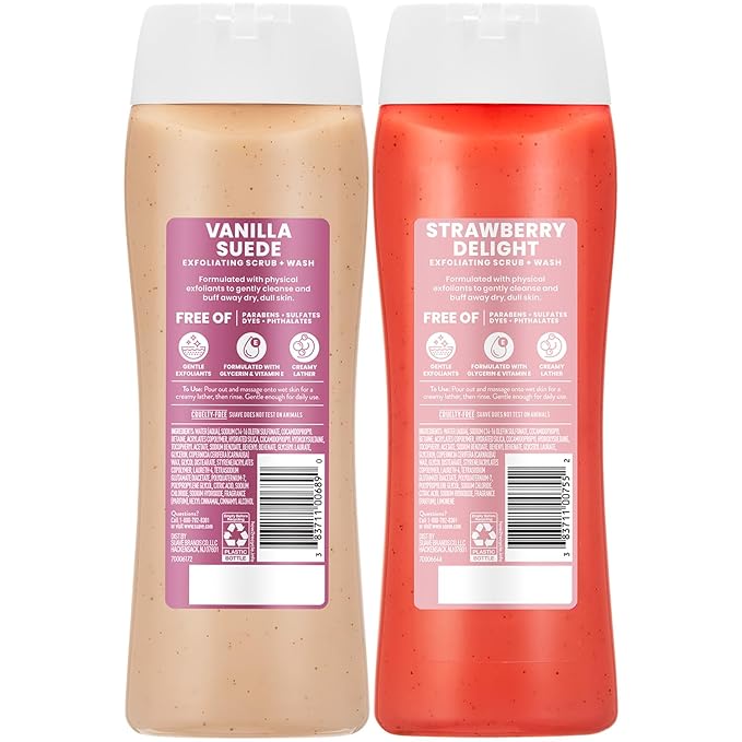 Suave Exfoliating Scrub + Wash Variety 2-Pack – Vanilla Suede & Strawberry Delight, Sulfate-Free Body Wash Set, 18 Oz Ea