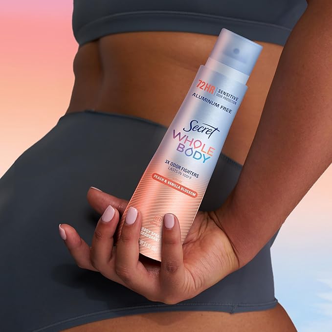 Secret Aluminum Free Whole Body Deodorant Spray for Women, 72hr Sensitive Freshness & Odor Defense, PH Balanced, Invisible Protection, Safe to Use Everywhere, Peach & Vanilla Blossom Scent, 3.5 oz