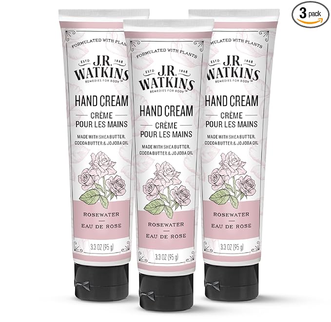 J.R. Watkins Natural Moisturizing Hand Cream, Hydrating Hand Moisturizer with Shea Butter, Cocoa Butter, and Avocado Oil, Cruelty Free, 3.3oz, Rosewater, 3 Pack