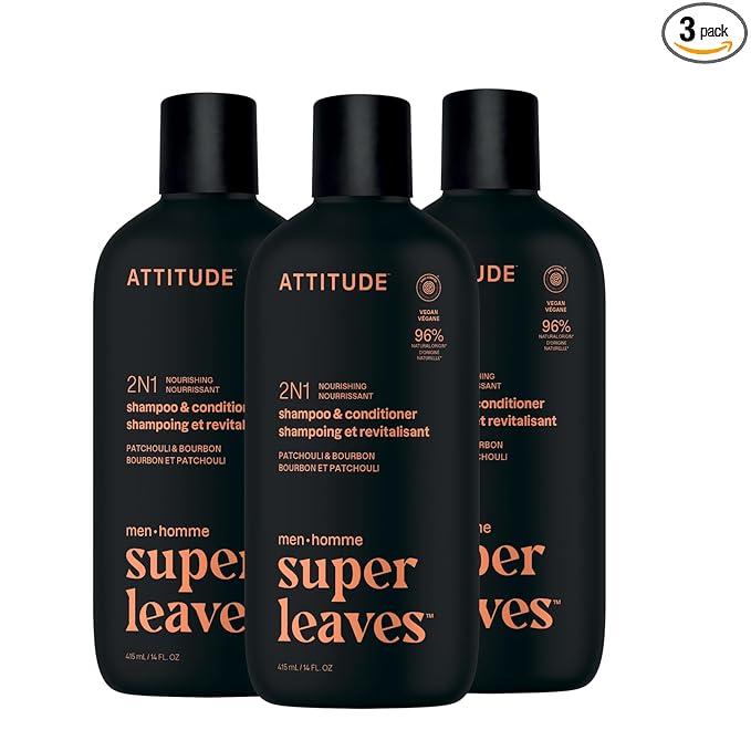 ATTITUDE Men's Shampoo and Conditioner 2-in-1, Nourishing For Dry Hair and Scalp, With Panthenol and Ginseng, 97% Natural Origin Ingredients, EWG Verified, Patchouli & Bourbon, 14 Fl Oz (Pack of 3)