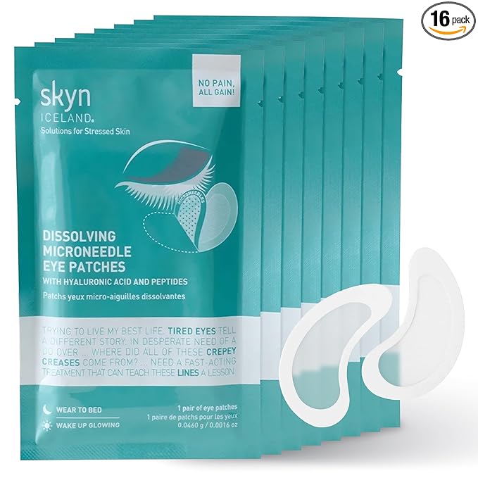 skyn ICELAND Dissolving Microneedle Under-Eye Patches — 39% Hyaluronic Acid & Peptides, No-Slip Overnight Eye Mask, Vegan, All Skin Types, 8 Pairs