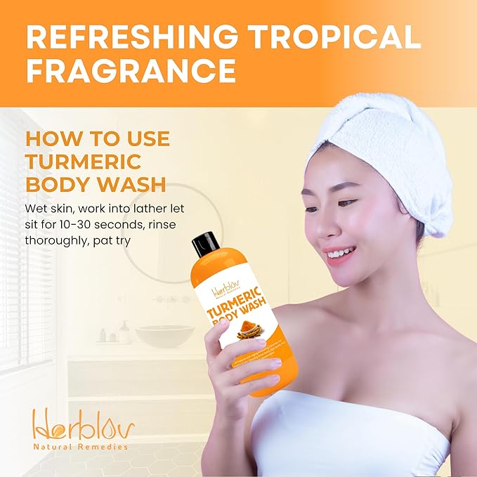 Herblov Turmeric Body Wash – Skin Brightening Liquid Soap for Discoloration – Natural Anti Aging Exfoliating Turmeric Body Wash for Spots, Acne, Sun Damage – Bath Soap Skincare