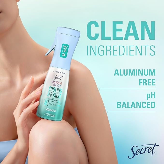 Secret Cooling Aluminum Free Whole Body Deodorant Mist for Women, 24hr Odor Protection, Instant Cooling Relief, Soothes & Revitalizes Skin, PH Balanced Formula, Invigorating Mint Scent, 5.2 fl oz
