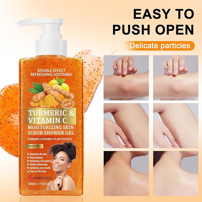 Turmeric Skincare, Vitamin C Body Wash with Cocoa Scrub & Kojic Acid Cleansing Face Pads, Daily Face & Body Cleanse Set, 16.9 fl oz & 20 Count