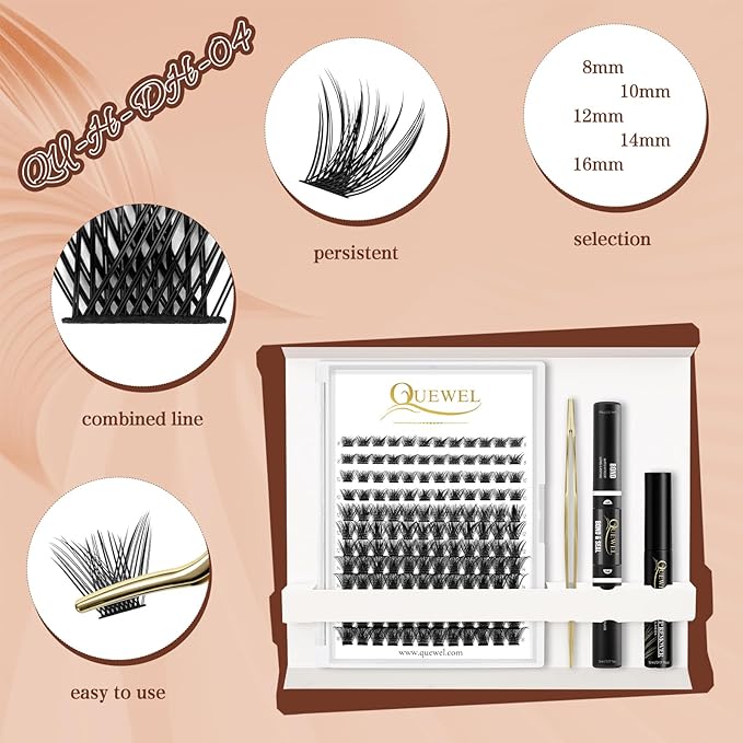 QUEWEL DIY Eyelash Extensions Kit, 144 Pcs Lash Clusters Eyelash Applicator Tool, Super Hold Bond and Seal, Clusters Lash Glue Remover Easy to Apply at Home(FD-QU-H-DH-03)