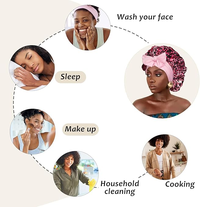 AWAYTR Satin Bonnet for Women Tie Band Hair Bonnet Large 2 Layered Silk Sleeping Cap Nightcap with 3PCS Hair Scrunchies (US, Alpha, One Size, Leoprad Print(Brown))