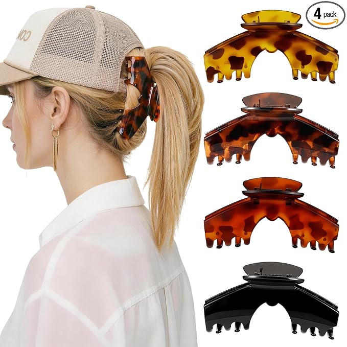 4 PCS Hat Claw Clip for Women - Hat-Friendly Claw Clip for Baseball Caps, Adjustable Trucker Hat Hair Clips for Thick Thin Hair, Large Hat Claw Clips for Gym Beach Holiday Outing, Tortoise Shell