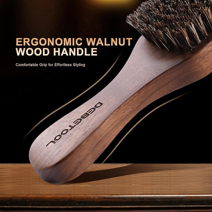 DEBETOOL Natural Walnut Wood Mens Hair Brush - Stiff Boar Bristle Men's Hair Brush for Thin Hair Detangling, Beard Straightens