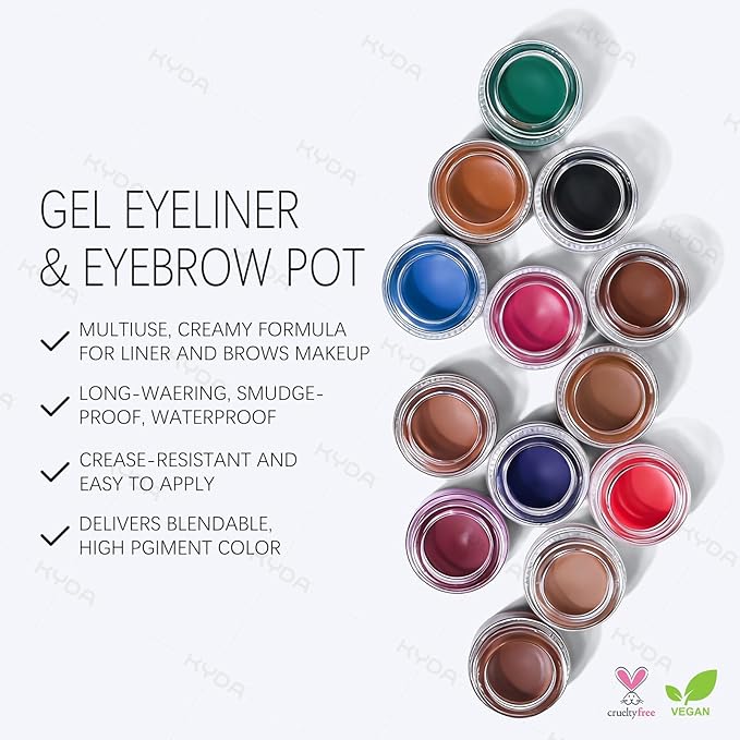 KYDA Black Gel Eyeliner, Lasting Waterproof Cream Eyeliner & Eyebrow Makeup, High Pigment Smudge-proof Formula, Waterline Matte Eye Liner with Brush, Natural Black Brow Pomade Set