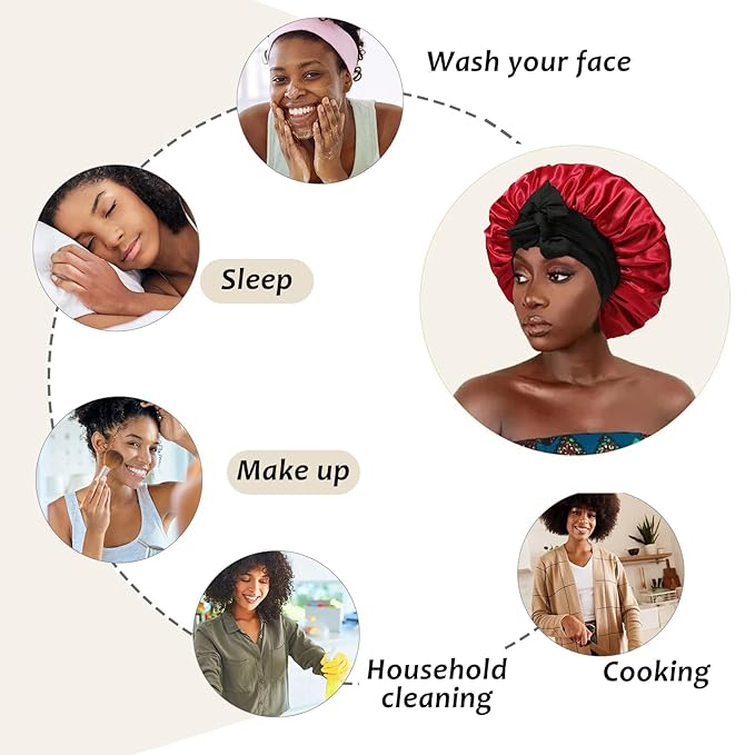 Reversible Satin Bonnet for Women With 3PCS Hair Scrunchies Tie Band - Large 2 Layered Silk Sleeping Cap Nightcap (Black/Red)