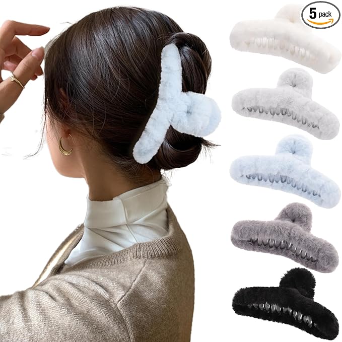 5PCS Large Claw Hair Clips for Thick Hair Big Fuzzy Hair Clips for Women Nonslip Strong Hold Hair Claw Clip (Blue)