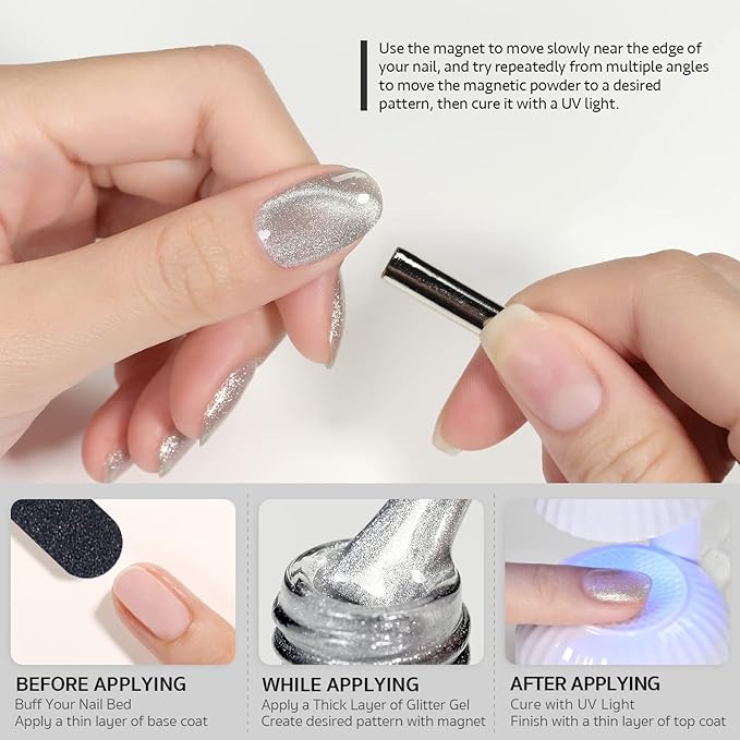 GAOY Cat Eye Gel Nail Polish, Glitter Holographic Nail Polish with Magnet, 16ml Reflective Translucent UV Gel for DIY at Home, 1138 Silver