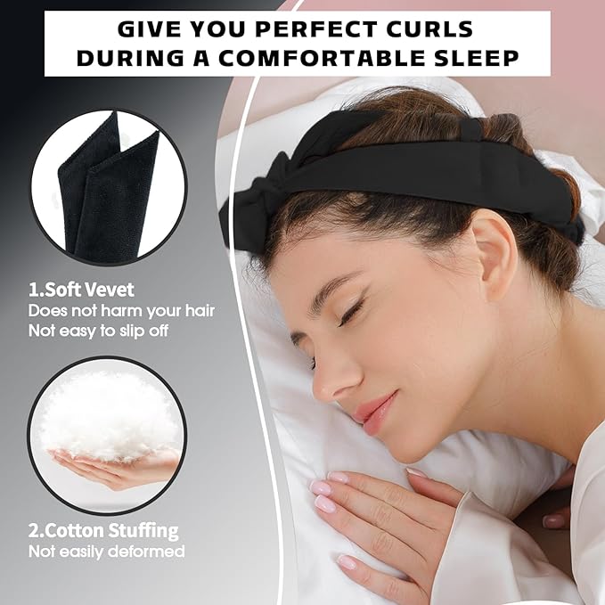 Heatless Curls Overnight Hair Curlers to Sleep In Overnight Curls for Women Heatless Hair Curler for Long Hair Overnight Headband （Black）