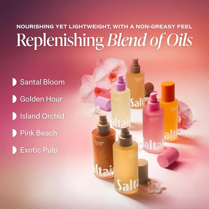 Saltair Body Oil - Luxurious Santal Bloom After Shower and Bath Oil for Women and Men. Botanical, Non-Greasy, Well-Absorbing Moisturizer for Hydrating Dry Skin – 4oz Pump Bottle
