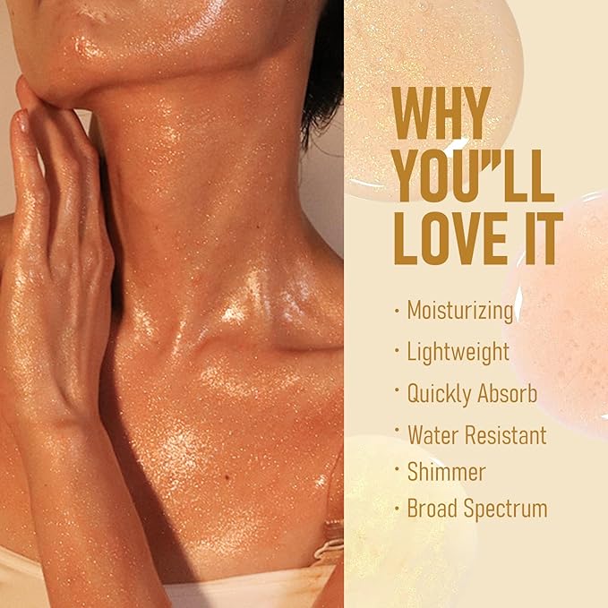 Sunscreen Body Glow Oil, Broad Spectrum SPF 45, Lightweight Waterproof Moisturizing Coconut Shimmer Oil with Gold Mica, Travel Size Summer Sunscreen Skin Illuminator-ROSE, 3.38 fl oz