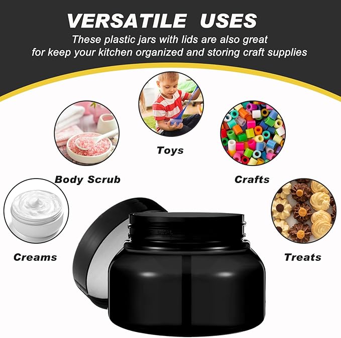 Tessco for you 24 Pack Plastic Jars with Lids Labels Multiuse Slime Containers Empty Body Scrub Jars Round Refillable Cosmetic Body Butter Container for Makeup (8 oz,Black)