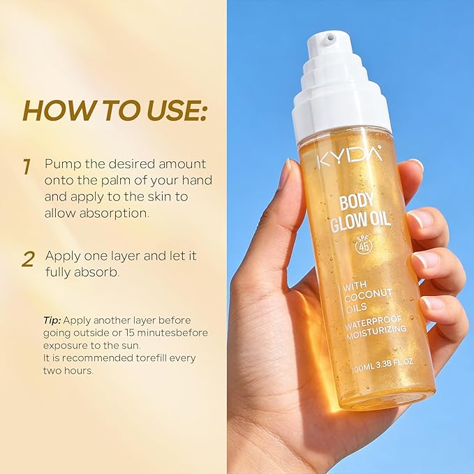 KYDA Travel Size Sunscreen, SPF 45 Body Glow Oil with Sequin Mica, Lightweight Moisturizing Coconuts Sunscreen SPF Glow Oil, Sun-kissed Shimmer Body Lotion, Water Resistant, 3.38 fl oz, GOLD