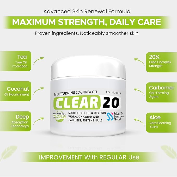 CLEAR 20, 20% Urea Gel, 4 oz w/ Tea Tree & Coconut Oil, Aloe Vera Extract, Callus & Corn Remover Moisturizes & Softens Cracked Heels, Feet, Elbows, Hands, Nails, Superior hydration to Urea Creams
