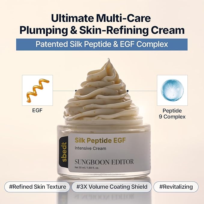 SUNGBOON EDITOR Silk Peptide EGF Cream with Copper Peptides, Volufiline & Patented Peptide Complex | Face Moisturizer for Fine Lines & Dry Skin, Firm-Looking & Hydration | Korean Skin Care 1.69 fl oz