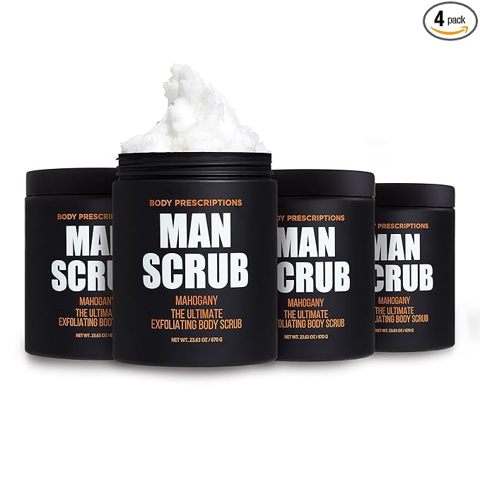Body Prescriptions Men’s Exfoliating Body Scrub – Ultimate Skin Cleansing Wash in Jar with Twist-Top Lid, For All Skin Types, 21 Ounce (Pack of 4), Mahogany
