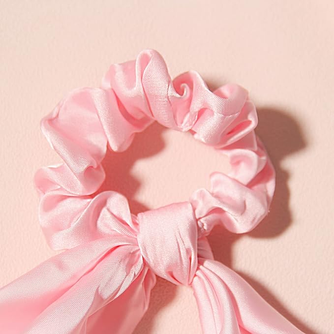 Pack of 2 Knotted Bow Hair Scrunchies Elastic Hair Scarf Black Hair Ties Bands Satin Hair Ribbon Scrunchy Red Ponytail Holder for Women and Girls (Light pink)