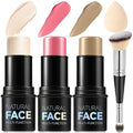 3Pcs Cream Contour Stick Makeup Kit, Shades with Highlighter, Blush and Bronzer Contour Stick for Sculpt the Cheeks, Long Lasting, Waterproof, Matte & Dewy Finish (E)