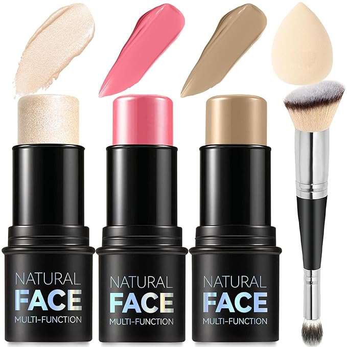 3Pcs Cream Contour Stick Makeup Kit, Shades with Highlighter, Blush and Bronzer Contour Stick for Sculpt the Cheeks, Long Lasting, Waterproof, Matte & Dewy Finish (E)
