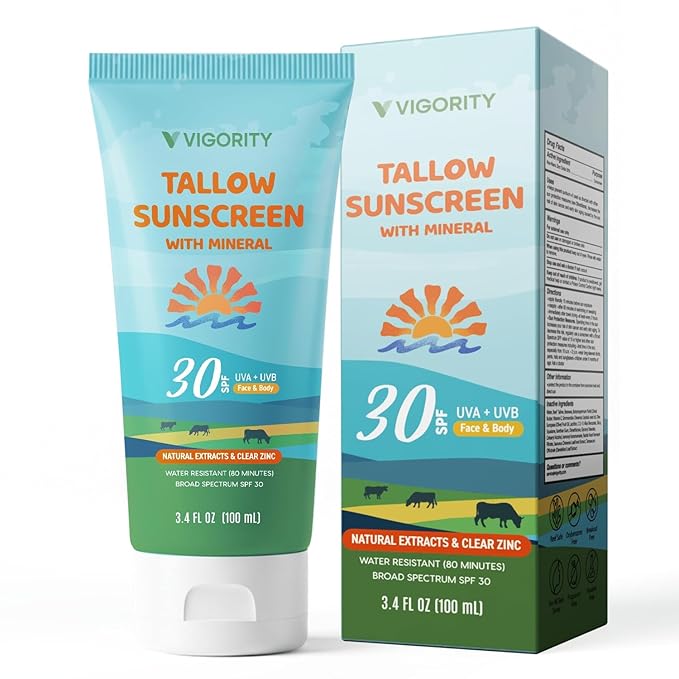 Vigority Tallow Sunscreen SPF 30 for Face & Body – Natural Grass-Fed Beef Tallow, Non-Nano Zinc Oxide – Moisturizing Mineral Sunblock, Non-Greasy & Non-Toxic, Reef Safe for Adults & Kids (3.4 oz)