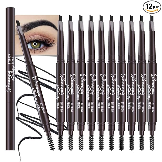12 Pcs Ultimate Eyebrow Retractable Definer Pencils,Dual-Sided Natural Soft Textured Eyebrow Pencil, for Daily Look Eyebrow Makeup,Brow Brush,Fine Tip (12Pcs-Black-Retractable Triangle)